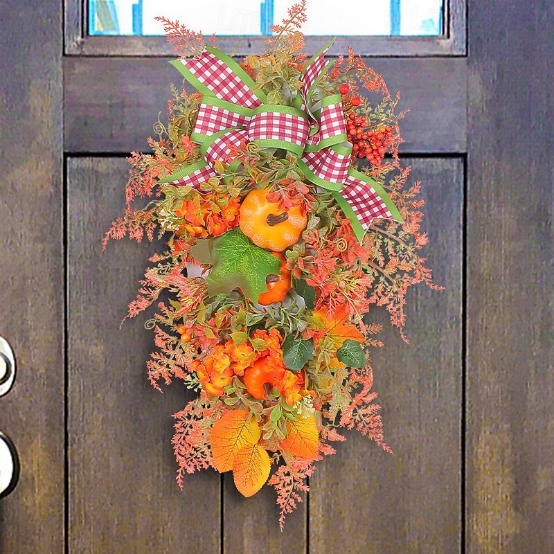 Fall Swag Wreath for Front Door Thanksgiving Autumn Harvest Indoor Outdoor Decoration, Pumpkin and Bow Artificial Floral Wreath Rustic Fall Door Hanging