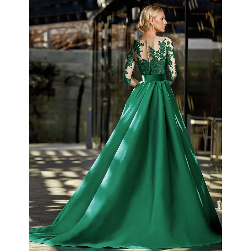 A-Line Mother of the Bride Evening Gown Elegant Dress Formal Sweep / Brush Train Long Sleeve Jewel Neck Belt / Sash Satin with Appliques2