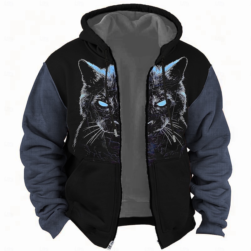 Christmas Men's Cat Hoodie Hoodies Sweatshirt Fashion Daily Long Sleeve Hooded Holiday Travel Yellow Blue Drawstring Zipper Pocket Fall Winter Designer