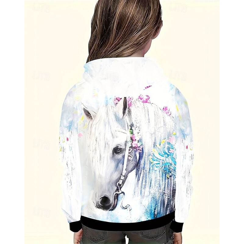 Girls' 3D Graphic Horse Hoodie Long Sleeve Fall Winter Fashion Adorable Basic Kids 4-12 Years Hooded Outdoor Casual Daily Regular Fit3