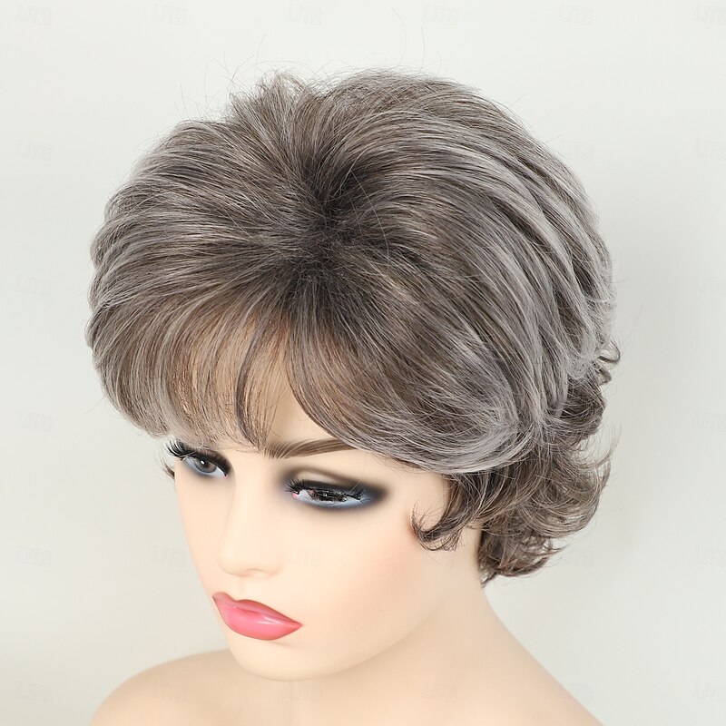 Grey Curly Pixie Wigs for White Women Short Fluffy White Hair with Bangs Natural Synthetic Heat Resistant Wig2