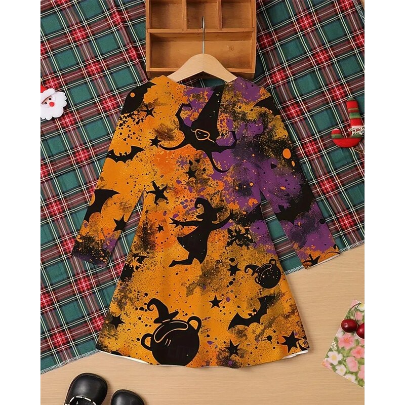 Halloween Girls' 3D Graphic Witch Bat Dress Long Sleeve Summer Spring Daily Holiday Vacation Beautiful Sweet Kids 4-12 Years Casual Dress A Line Dress Knee-length Polyester Regular Fit3