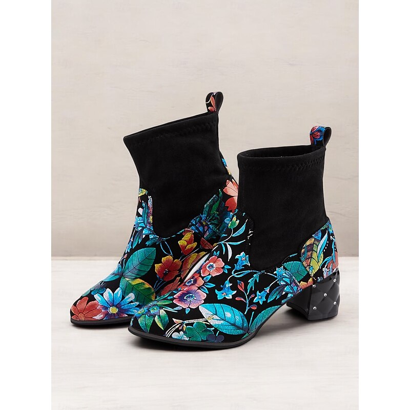 Women's Floral Embroidered Ankle Boots with Quilted Block Heel, Vintage Style, Fashionable Party and Casual Footwear2