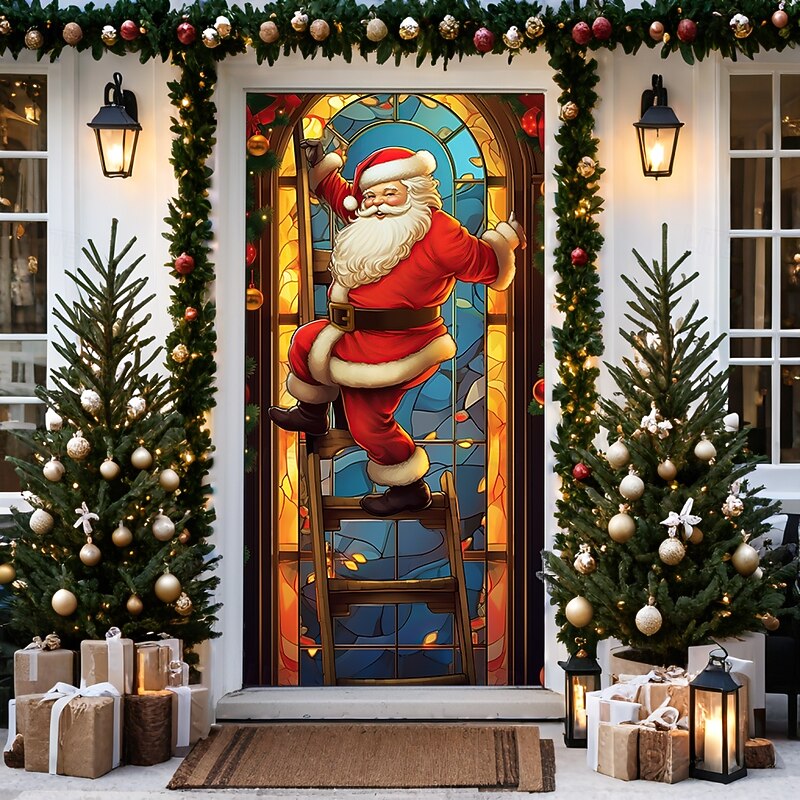 Christmas Door Decorations Door Covers Santa Claus Door Tapestry Door Curtain Stained Glass Decoration Backdrop Door Banner for Front Door Farmhouse Holiday Party Decor Supplies Indoor/Outdoor2