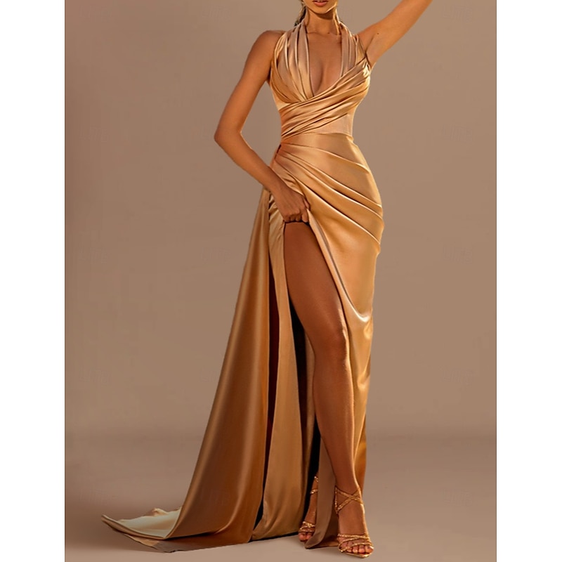 Beach Wedding Mermaid Evening Gown Sexy Dress Formal Wedding Guest Court Train Sleeveless Halter Neck Satin with Ruched Slit Masquerade Dress