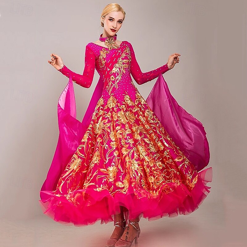 Ballroom Dance Dress Embroidery Splicing Crystals / Rhinestones Women's Performance Party Long Sleeve Tulle Ice Silk4