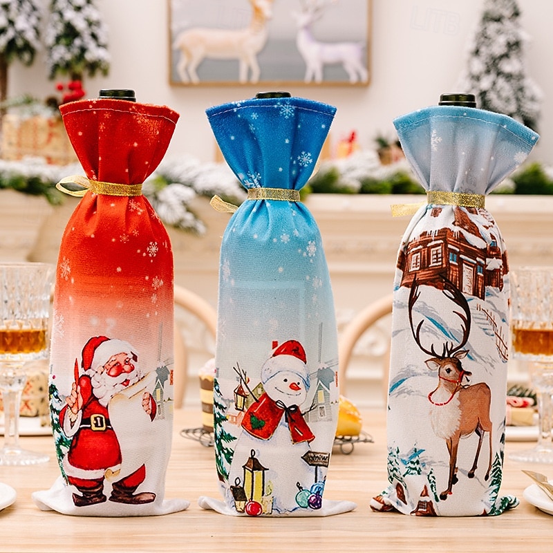 Christmas Bottle Covers, Christmas Decoration Xmas Party Ultra-Soft Fabric Cartoon Santa Wine and Champagne Bottle Sleeves