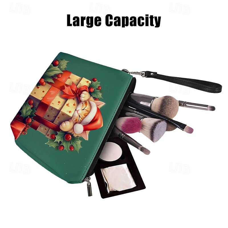 Women's Christmas Cat Print Wristlet Clutch Bag with Gift Box Design, Holiday-Themed Women's Purse for Festive Occasions2