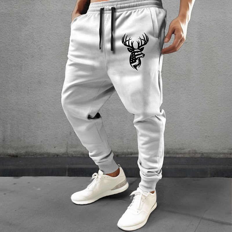 Men's American US Flag Patriotic Deer Sweatpants Joggers Pants Trousers Mid Waist Drawstring Elastic Waist Vintage Casual Street Dailywear Pocket Spring Fall Winter 3D Print White Blue Beige