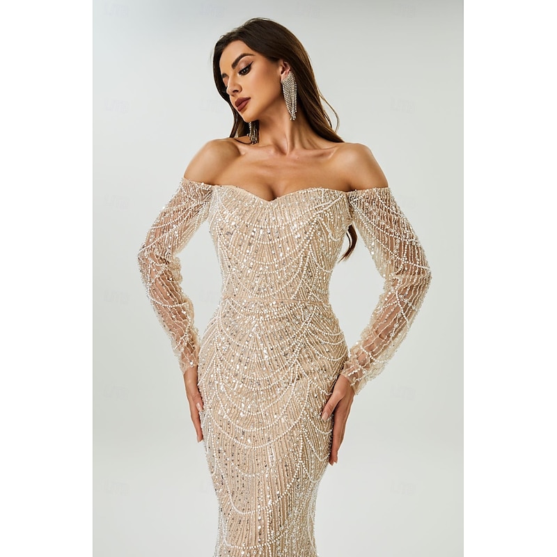 Mermaid Evening Gown Elegant Dress Evening Party Engagement Court Train Long Sleeve Off Shoulder Sequined with Beading Sequin3