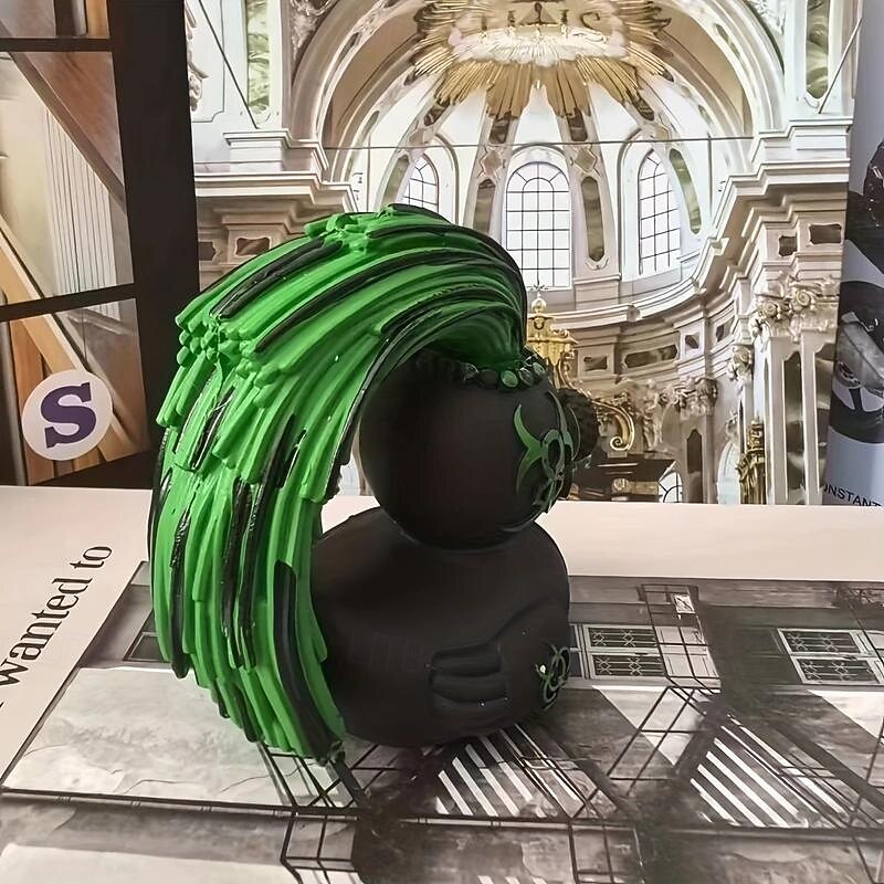 Vintage Style Collectible Figurine - Gothic Punk Duck with Green Mohawk Hair, Resin Home Desk Decor, Novelty Gift Item for Various Room Types, Non-Electric Decorative Craft2