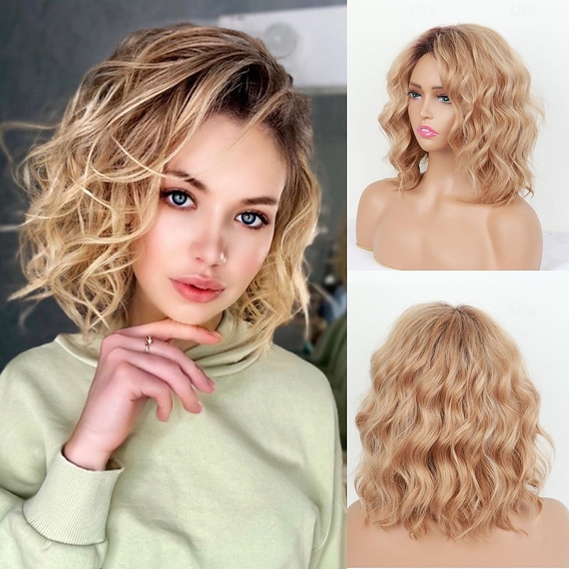 Short Layered Ombre Blonde Wavy Bob Wigs for White Women Mid-length Blonde Curly Wig Synthetic Natural Looking Daily Party Wig2