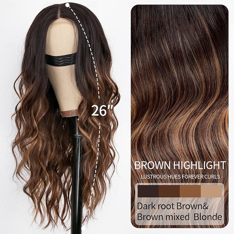 Long Brown Wavy Wig with Highlights Middle Part Curly Wigs Lace Hairline Wigs for Women Ombre Brown Synthetic Heat Resistant Wigs for Daily Part Use2