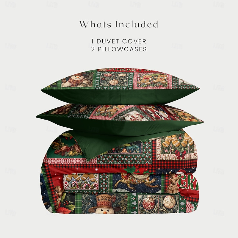 Christmas Duvet Cover Set Vintage Style Patchwork Design Christmas Comforter Set Full Includes Duvet Cover and Pillowcases Perfect for Adding Seasonal Cheer and Comfort to Your Bedroom Decor4