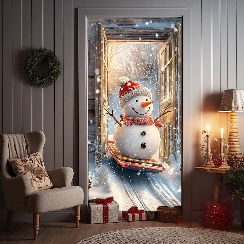 Christmas Door Decorations Door Covers Xmas Snowman Sleigh Door Tapestry Door Curtain Decoration Backdrop Indoor/Outdoor Door Banner for Front Door Farmhouse Holiday Party Decor Supplies