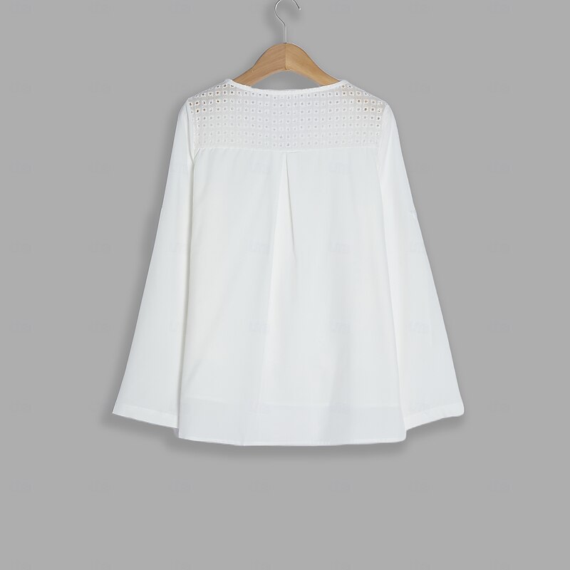 Women's Shirt Blouse Dressy Tops Solid Color Plain Stylish Basic Long Sleeve Notched Neck Regular Tops Daily Embroidered Eyelet Black White Orange Summer Spring Fall3