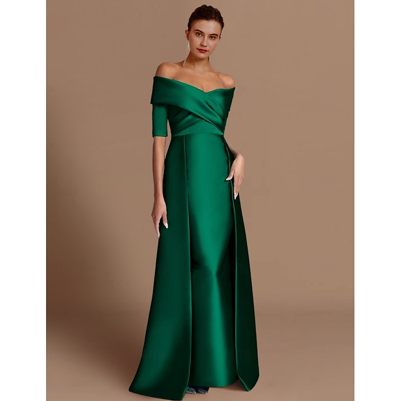 Sheath Mother of the Bride Dress Formal Wedding Guest Elegant Party Off Shoulder Floor Length Satin Half Sleeve with Ruching