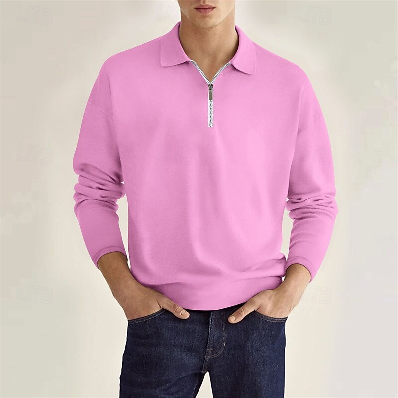 Men's Quarter Zip Polo Golf Shirt Daily Holiday Lapel Long Sleeve Fashion Modern Plain Spring &  Fall Regular Fit Black White Pink Wine Navy Blue Royal Blue Quarter Zip Polo2