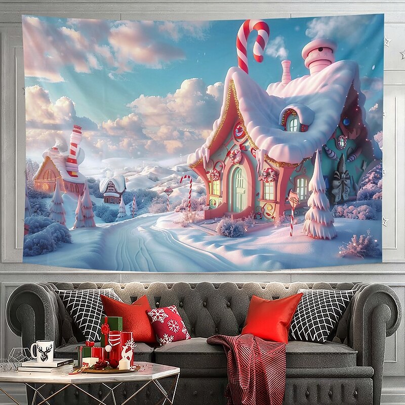 Christmas Decorations Hanging Tapestry Wall Art Xmas Candy Cane Large Tapestry Mural Decor Photograph Backdrop Blanket Curtain Home Bedroom Living Room Candy House4