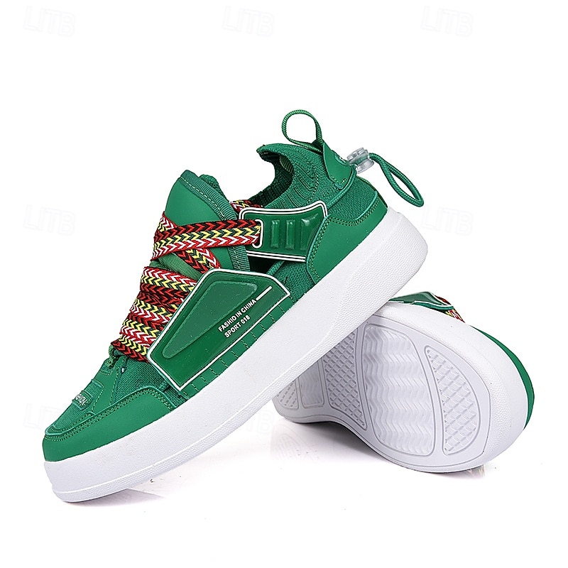 Men's Green High-Top Sneakers with Multicolor Laces and Velcro Strap – Stylish Casual Sport Shoes for Streetwear and Everyday Use2