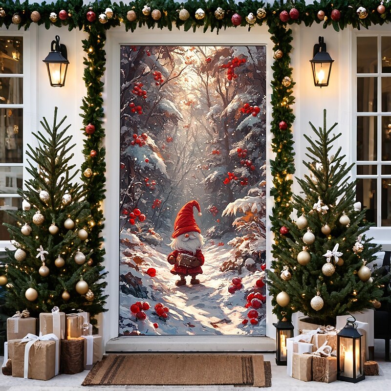 Christmas Door Decorations Door Covers Deer Snow Door Tapestry Door Curtain Decoration Backdrop Door Banner for Front Door Farmhouse Holiday Party Decor Supplies Indoor/Outdoor