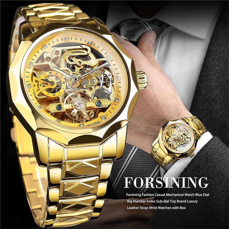 FORSINING Men Mechanical Watch Luxury Large Dial Outdoor Business Hollow Skeleton Automatic Self-winding Tourbillon Luminous Stainless Steel Strap Watch
