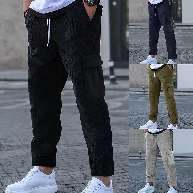 Men's Cargo Pants Corduroy Pants Trousers Pocket Elastic Waist Drawstring Plain Comfort Sports Outdoor Daily Fashion Casual ArmyGreen Black Micro-elastic