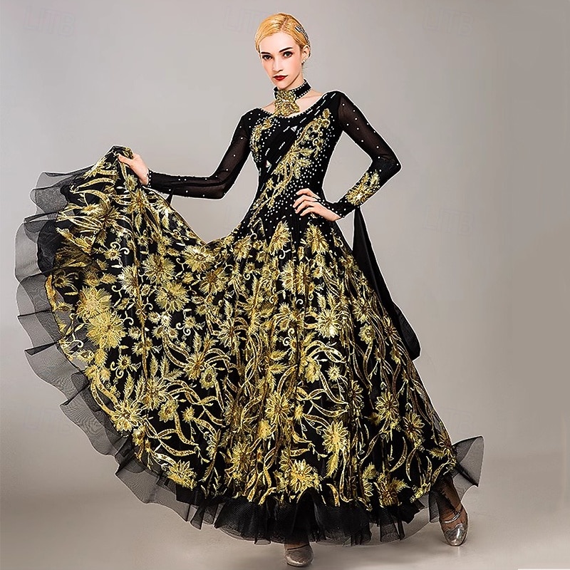 Ballroom Dance Dress Embroidery Splicing Crystals / Rhinestones Women's Performance Party Long Sleeve Tulle Ice Silk