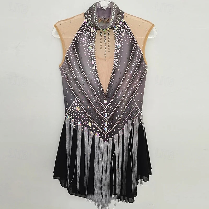 Figure Skating Dress Women's Girls' Ice Skating Dress Grey Patchwork Mesh High Elasticity Training Competition Skating Wear Classic Crystal / Rhinestone Long Sleeve Ice Skating Figure Skating4