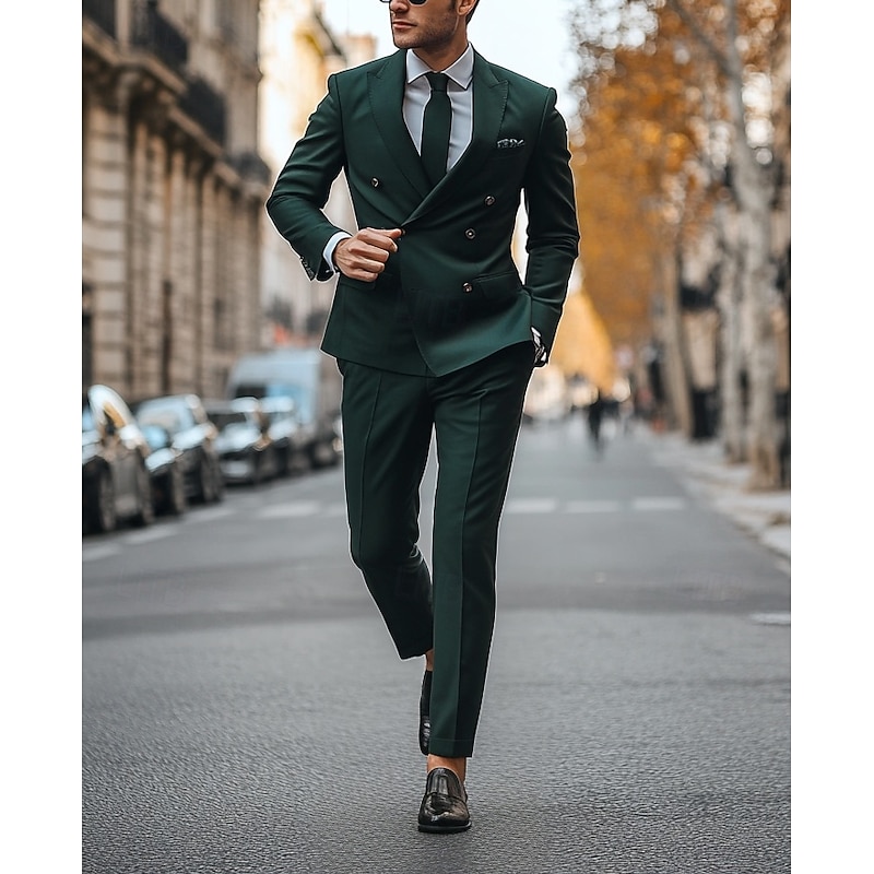 Men's Wedding Party Evening Wear Suits Peaked Lapel Black Burgundy Business Formal Solid Colored Standard Fit 2 Piece Double Breasted Six-buttons2