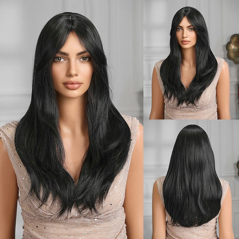 Synthetic Wig Straight kinky Straight Neat Bang With Bangs Machine Made Wig 22 inch Black Synthetic Hair Women's Cute Cosplay Party Natural Black