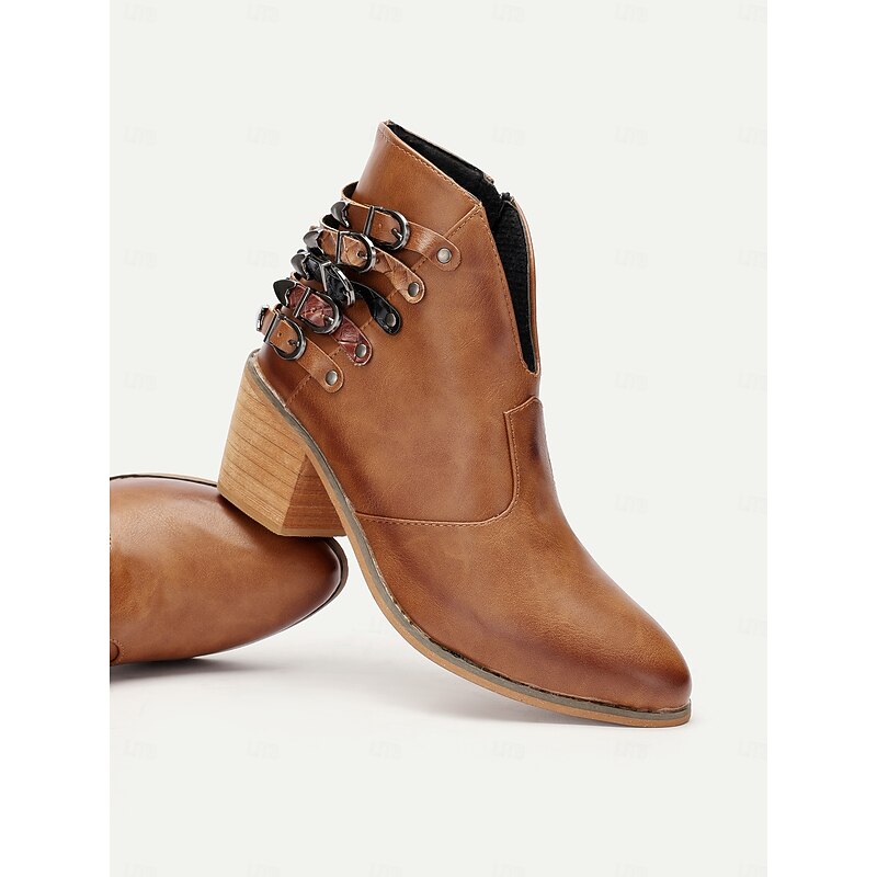 Women's Brown Ankle Boots with Multi-Buckle Detail, Block Heel, and Western Style - Perfect for Casual Outings and Everyday Wear4