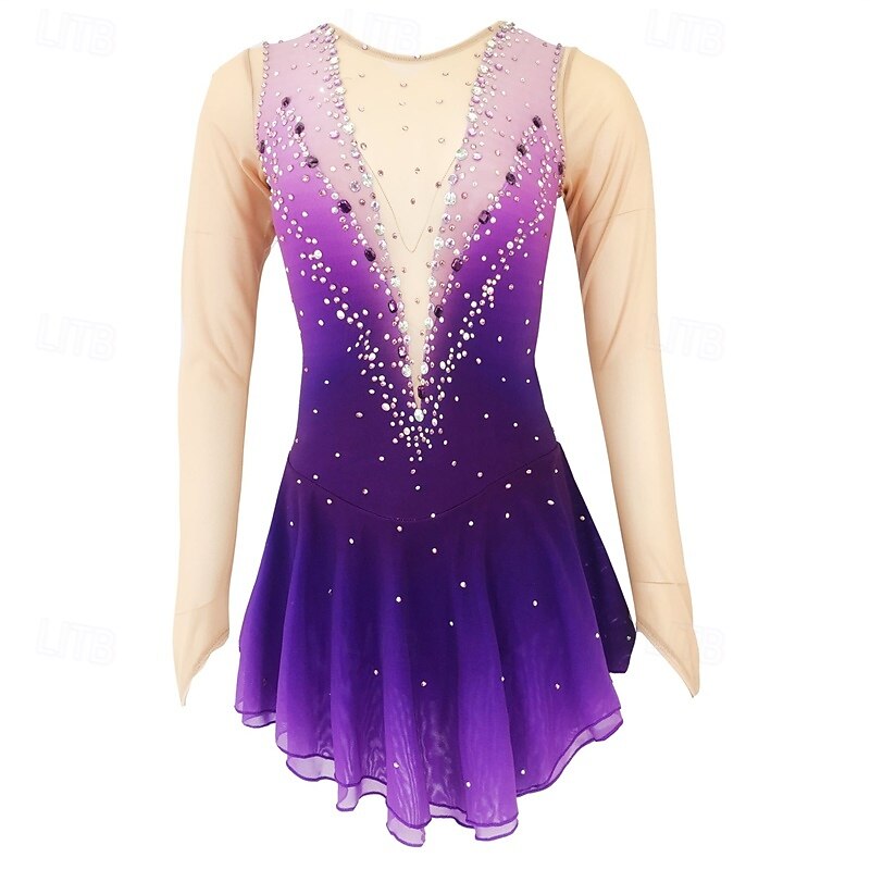 Figure Skating Dress Women's Girls' Ice Skating Dress Violet Patchwork Mesh High Elasticity Training Competition Skating Wear Classic Crystal / Rhinestone Long Sleeve Ice Skating Figure Skating