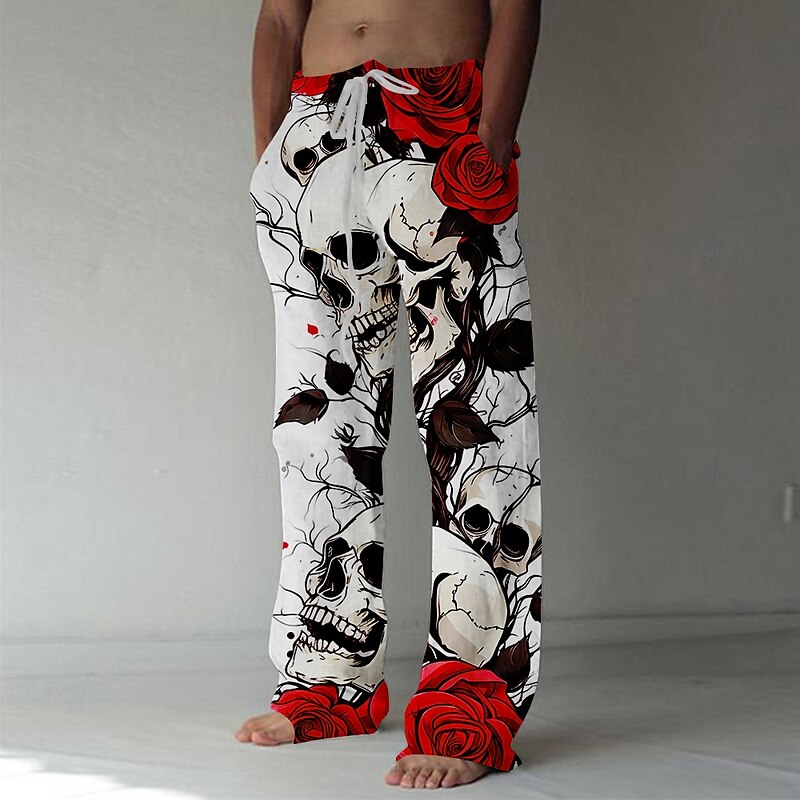 Halloween Men's Cool Skulls Rose Pants Trousers Mid Waist Drawstring Elastic Waist Hawaiian Horror Party Evening Wear Holiday Straight Leg Trousers Summer Spring Fall 3D Print Red Blue Purple