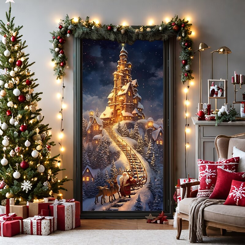Christmas Door Decorations Door Covers Xmas Santa Castle Door Tapestry Door Curtain Decoration Backdrop Door Banner for Front Door Farmhouse Holiday Party Decor Supplies Indoor/Outdoor2