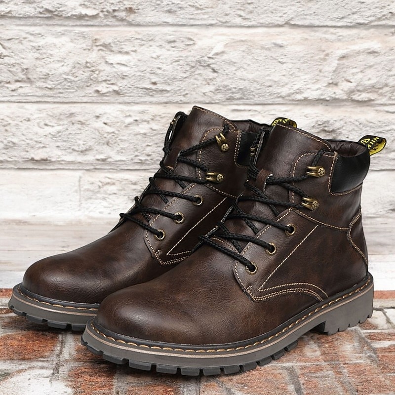 Men's Brown Leather Work Boots, Durable Lace-Up Ankle Boots with Rugged Sole, Perfect for Outdoor Activities, Construction, and Casual Wear