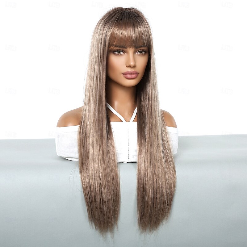 Synthetic Wig Uniforms Career Costumes Princess Straight kinky Straight Middle Part Layered Haircut With Bangs Machine Made Wig 26 inch Rose Gold Synthetic Hair Women's Cosplay Party Fashion Light3