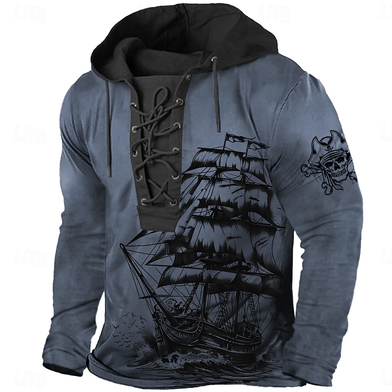 Men's Haunted Pirate Ship Pirate Hoodie Hoodies Sweatshirt Fashion Cool Long Sleeve Hooded Sports Outdoor Blue Brown Drawstring Fall Winter Designer