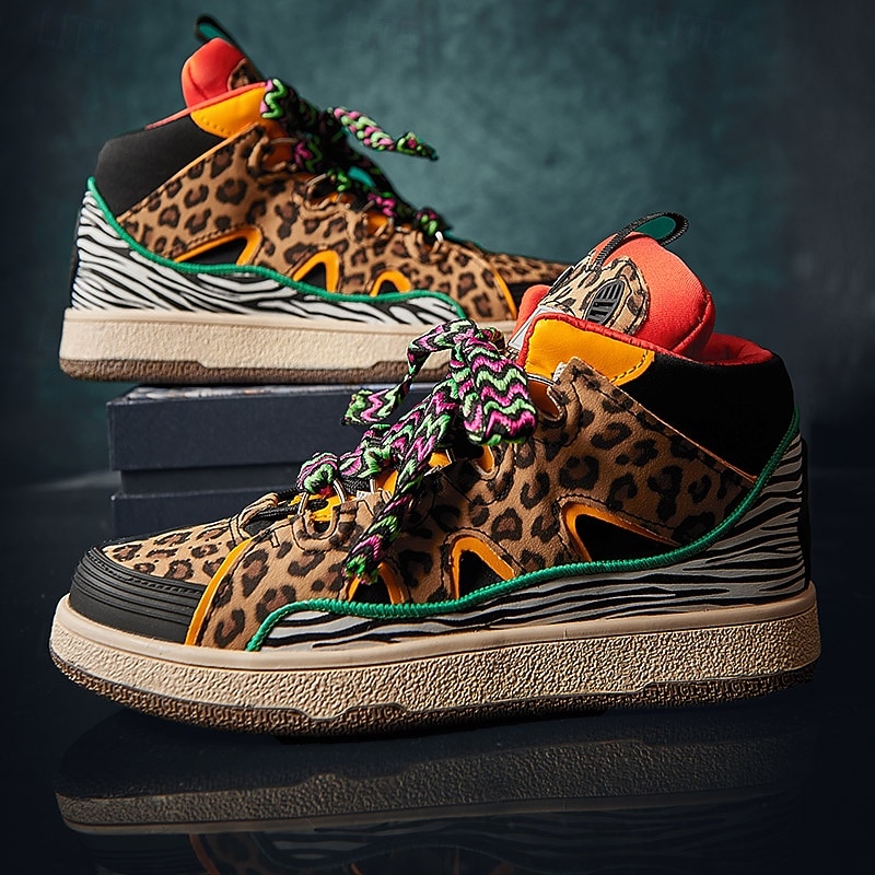 Men's Leopard Print High-Top Sneakers – Trendy Animal Pattern with Colorful Laces, Casual Streetwear Shoes for Urban Fashion2