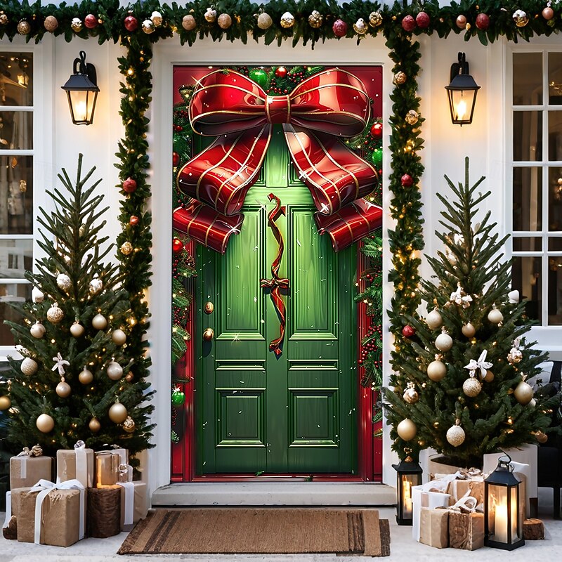 Christmas Door Decorations Door Covers Xmas Bow Tie Door Tapestry Door Curtain Decoration Backdrop Door Banner for Front Door Farmhouse Christmas Holiday Party Decor Supplies Ornaments Indoor/Outdoor 11