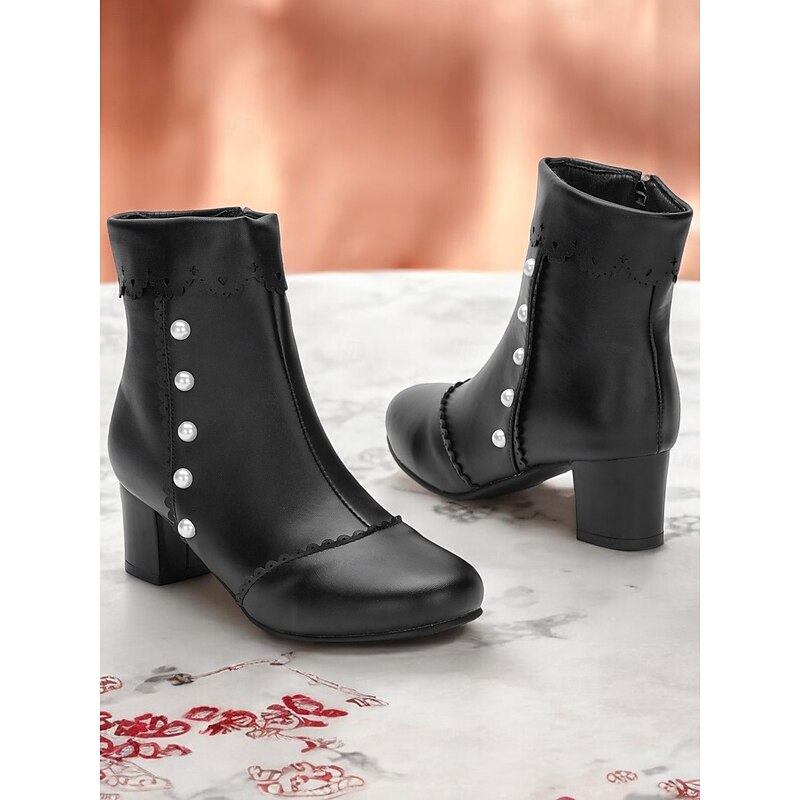Women's Vintage Black Ankle Boots with Pearl Button Details – Retro Gothic Style for Cosplay and Special Occasions2