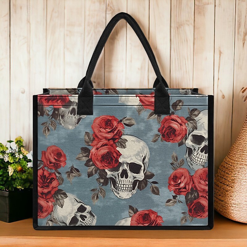 Skull and Rose Printed Tote Bag – Large Gothic Handbag for Women, Vintage Floral Design, Perfect for Halloween or Everyday Use2