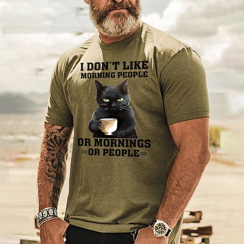 Mens Funny Cat Graphic T-Shirt Short Sleeve I Don't Like Morning People Or Mornings Or People Introvert Humor Tee