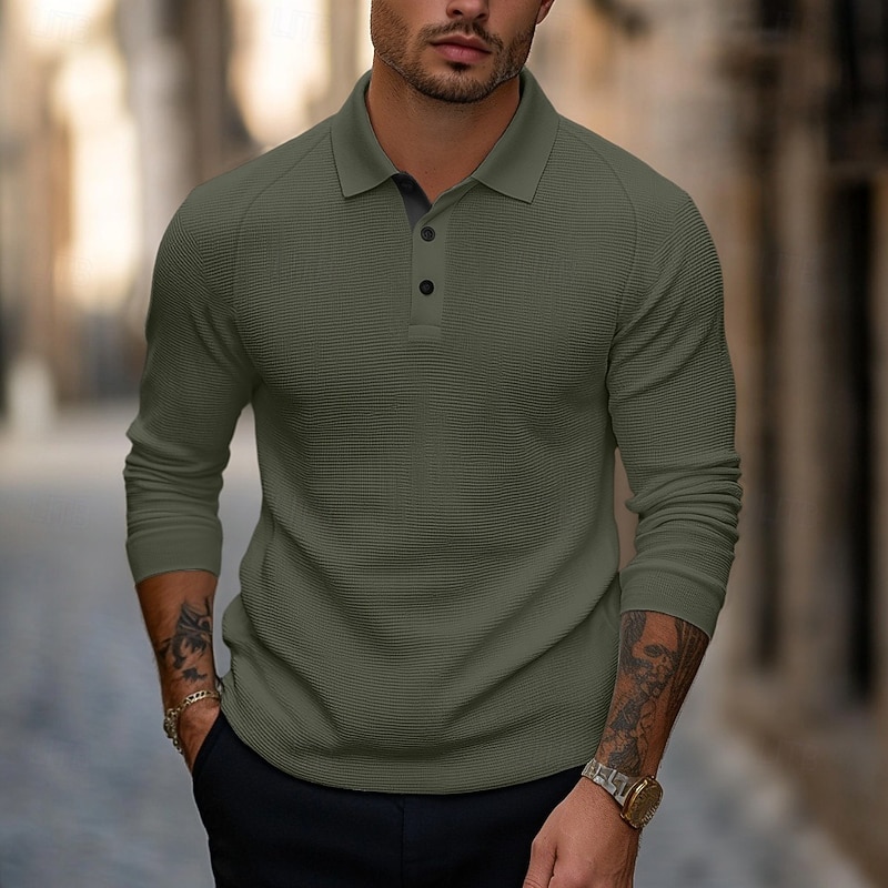Men's Golf Polo Waffle Knit Polo Shirt Business Casual Ribbed Polo Collar Long Sleeve Fashion Basic Solid Color Knitting Fall Winter Regular Fit Dark Grey Black Army Green Navy Blue Light Grey Golf2