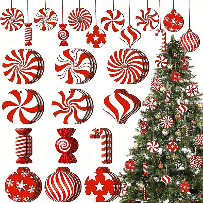 12pcs/set Wooden Christmas Ornaments, Peppermint Candy Cane, Holiday Decorations, Christmas Tree Hanging Decorations, Wooden Carved Peppermint Candy Cane, Peppermint Xmas Tree Decor