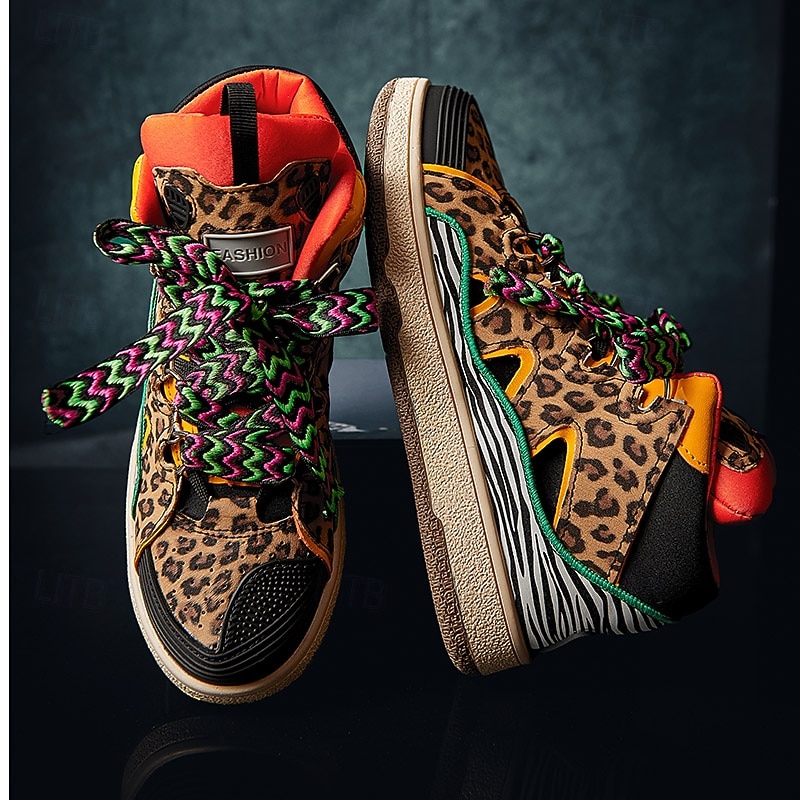 Men's Leopard Print High-Top Sneakers – Trendy Animal Pattern with Colorful Laces, Casual Streetwear Shoes for Urban Fashion4