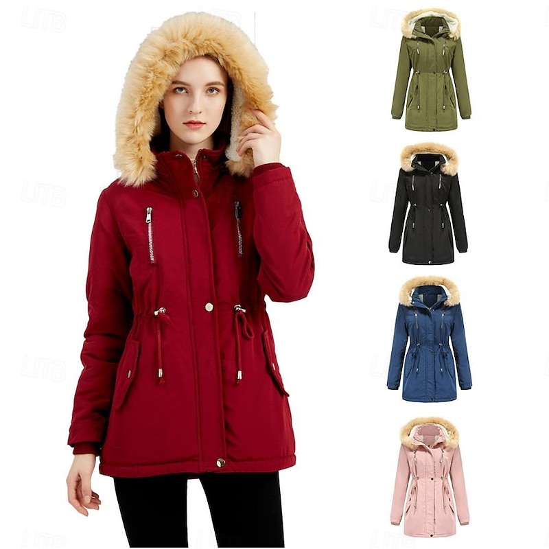 Women's Winter Coat Windproof Warm Zipper Buttons Outdoor Solid Color Work Casual Single Breasted Hoodie Loose Fit Long Sleeve Outerwear Black Pink Wine Winter