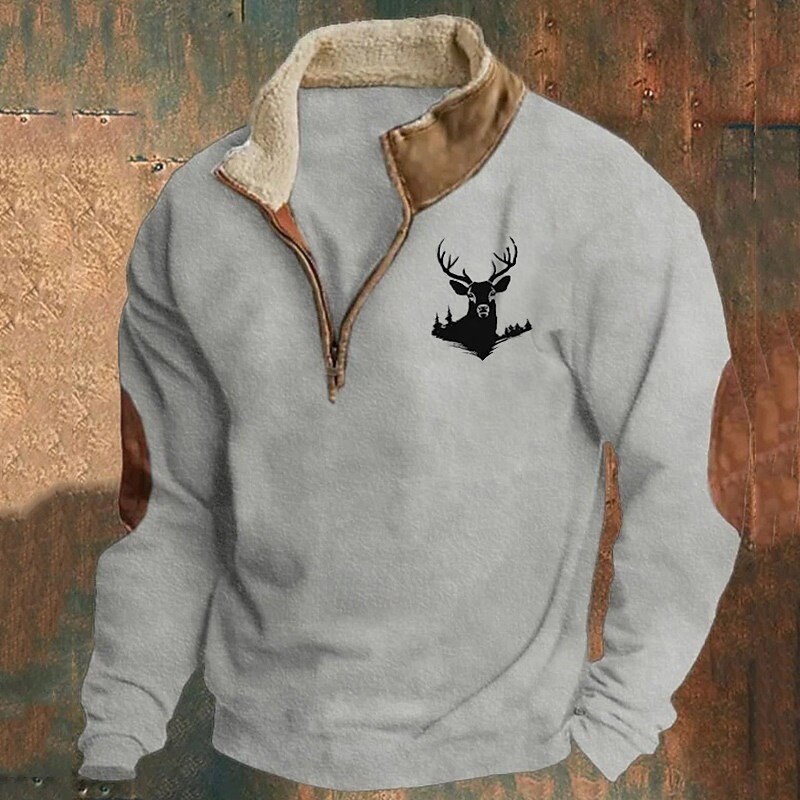 Men's Sweatshirt Quarter Zip Sweatshirt Black Navy Blue Brown Gray Half Zip Color Block Reindeer Patchwork Sports & Outdoor Daily Holiday Polyester Vintage Basic Casual Fall & Winter Clothing Apparel4