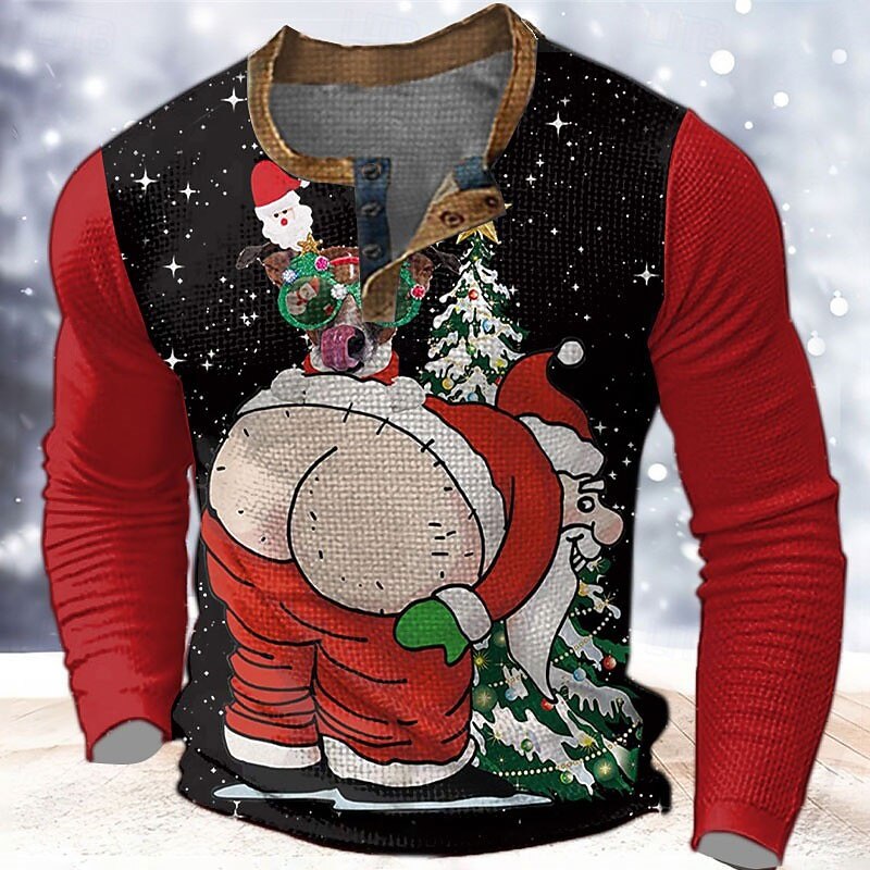 Christmas Men's Santa Claus Henley T Shirt Graphic Santa Claus  Fashion Designer Casual 3D Print Henley Waffle Sports Outdoor Holiday Festival Black Burgundy Red & White Long Sleeve Henley2