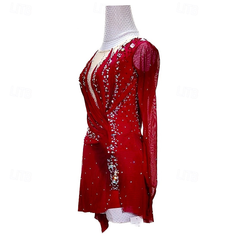 Figure Skating Dress Women's Girls' Ice Skating Dress Burgundy Patchwork Mesh High Elasticity Training Competition Skating Wear Classic Crystal / Rhinestone Long Sleeve Ice Skating Figure Skating3